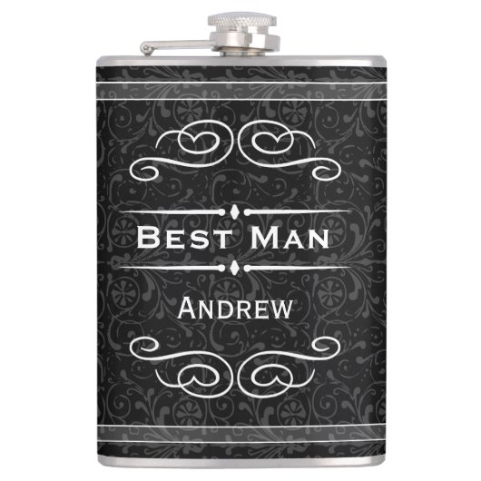 任意のパーソナライズされたカラーヴィンテージフローリッシュ花婿介添人 フラスク (正面)