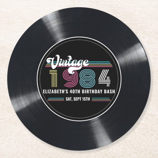 任意のパーソナライズされた年齢のヴィンテージカスタムフォト誕生日 ラウンドペーパーコースター (正面)