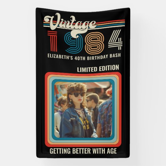 任意のパーソナライズされた年齢のヴィンテージカスタムフォト誕生日 横断幕 (縦)