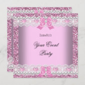 任意のパーティーグリッターピンクレースハートシルバー 招待状 (正面/裏面)