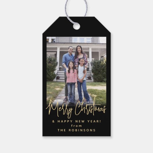 任意のモダン文字スシンプルクリプトのフォトブラックと金ゴールド ギフトタグ (正面)