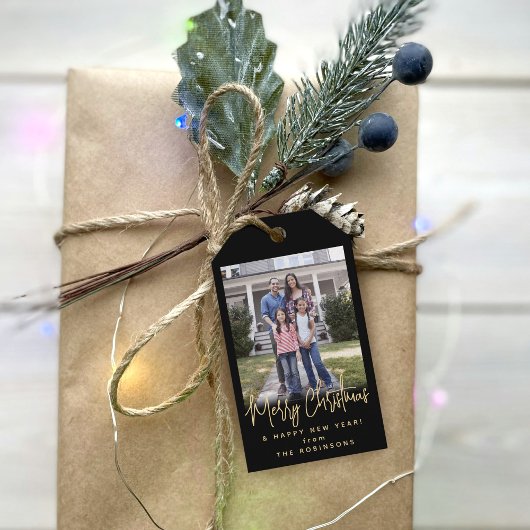 任意のモダン文字スシンプルクリプトのフォトブラックと金ゴールド ギフトタグ