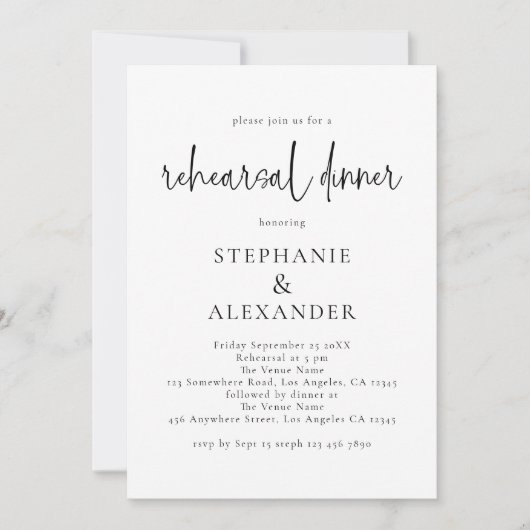 任意のモダン色のリハーサルディナーをスクリプト 招待状 (正面)