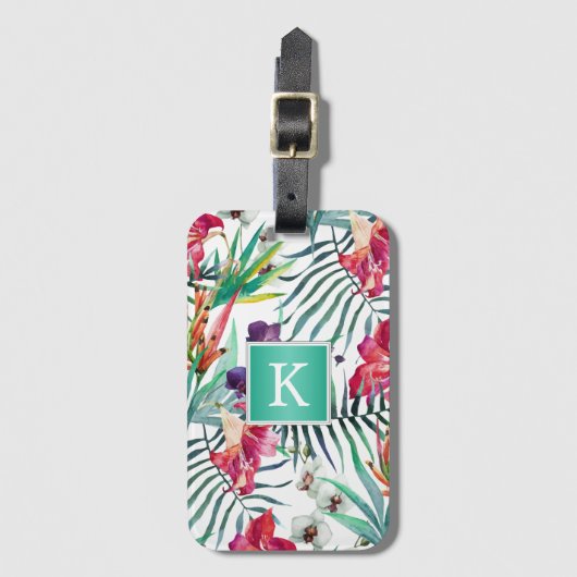 任意のモノグラムを持つエキゾチック熱帯花のパターン ラゲッジタグ (正面縦)