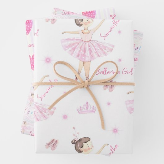 任意の名前かわいらしピンク&ホワイトバレリーナ ラッピングペーパーシート (インサイチュ)