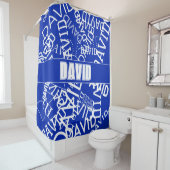 任意の名前、名前のコラージュを追加する青と白 シャワーカーテン (インサイチュ)