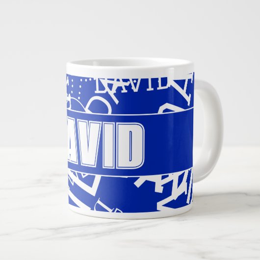 任意の名前、名前のコラージュを追加する青と白 ジャンボコーヒーマグカップ (正面右)