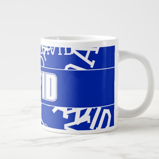 任意の名前、名前のコラージュを追加する青と白 ジャンボコーヒーマグカップ (右)