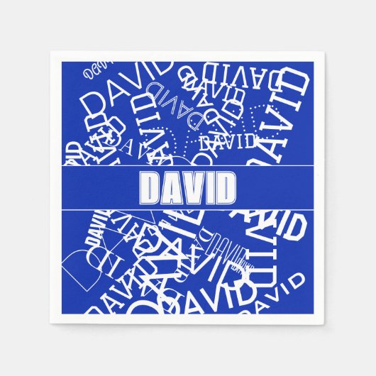 任意の名前、名前のコラージュを追加する青と白 スタンダードカクテルナプキン (正面)