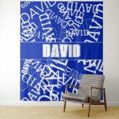 任意の名前、名前のコラージュを追加する青と白 タペストリー (インサイチュ)