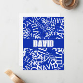 任意の名前、名前のコラージュを追加する青と白 ノートカード (正面/裏面インサイチュ)