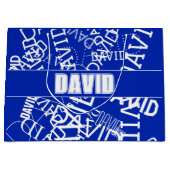 任意の名前、名前のコラージュを追加する青と白 ラージペーパーバッグ (正面)