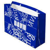 任意の名前、名前のコラージュを追加する青と白 ラージペーパーバッグ (裏面アングル)