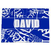 任意の名前、名前のコラージュを追加する青と白 ラージペーパーバッグ (正面)