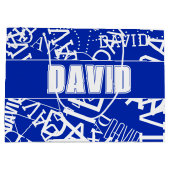 任意の名前、名前のコラージュを追加する青と白 ラージペーパーバッグ (裏面)