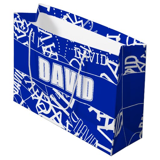 任意の名前、名前のコラージュを追加する青と白 ラージペーパーバッグ (正面アングル)
