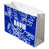 任意の名前、名前のコラージュを追加する青と白 ラージペーパーバッグ (裏面アングル)