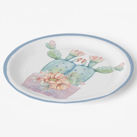 任意の大事な行事水色サボテン花 ペーパープレート (アングル)