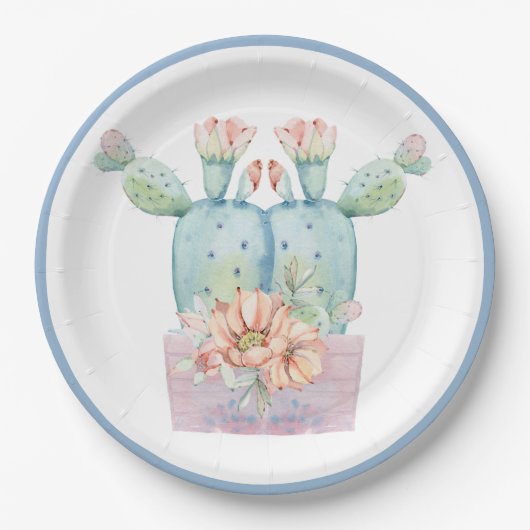 任意の大事な行事水色サボテン花 ペーパープレート (正面)