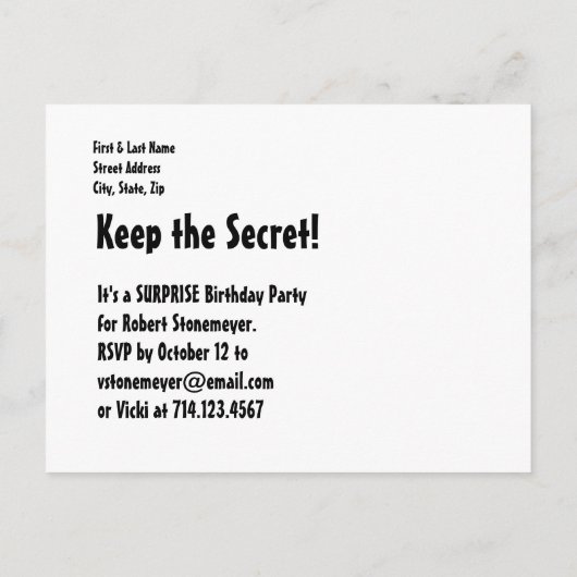 任意の年のサプライズ誕生日パーティバルーンB0Z インビテーションポストカード (裏面)