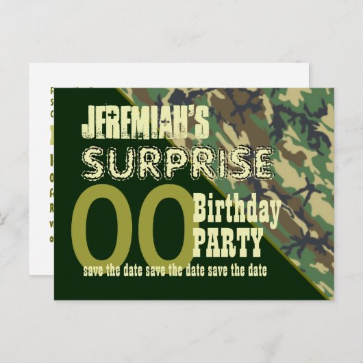 任意の年のサプライズ誕生日日付の保存迷彩柄 案内ポストカード (正面/裏面)