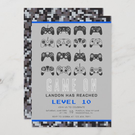 任意の年のビデオゲームのレベルアップゲーマー誕生日 招待状 (正面/裏面)