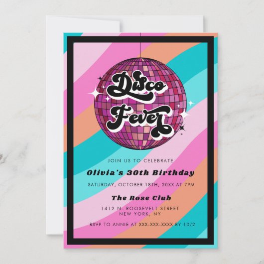 任意の年のレトロディスコボールピンク誕生日インビタティ 招待状 (正面)