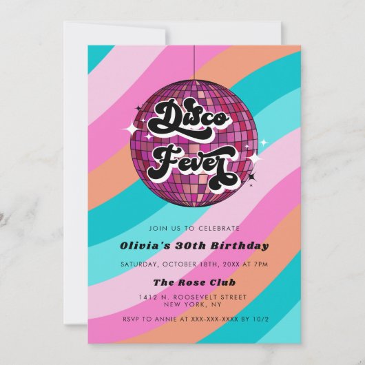 任意の年のレトロディスコボールピンク誕生日 招待状 (正面)