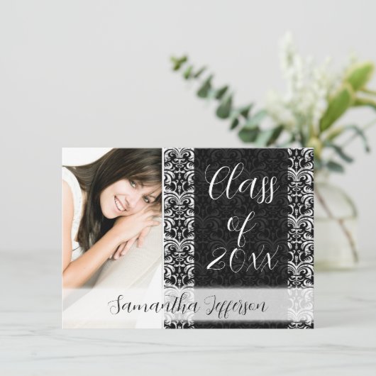任意の年の写真卒業発表、シックなブラック 招待状 (スタンド正面)