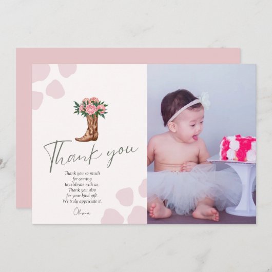 任意の年の西女性のカーボーイピンクの誕生日の写真 サンキューカード (正面/裏面)