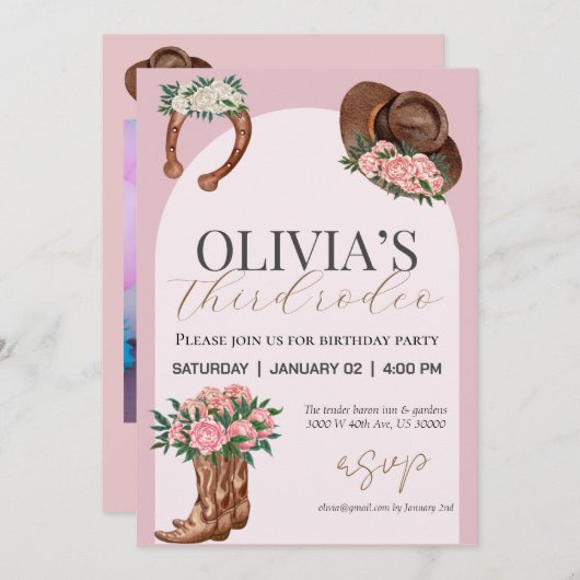 任意の年の西女性のカーボーイ写真誕生日 招待状 (正面/裏面)