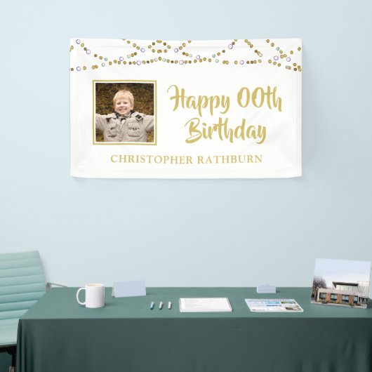 任意の年の誕生日フォト金ゴールドストリングライト 横断幕 (トレードショー)