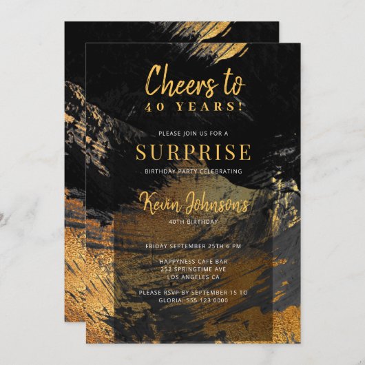 任意の年の誕生日応援黒金ゴールド 招待状 (正面/裏面)