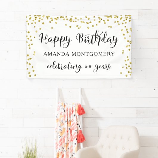 任意の年の誕生日紙吹雪スクリプトの黒と金ゴールド 横断幕 (インサイチュ)