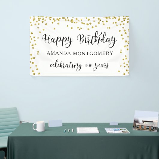 任意の年の誕生日紙吹雪スクリプトの黒と金ゴールド 横断幕 (トレードショー)