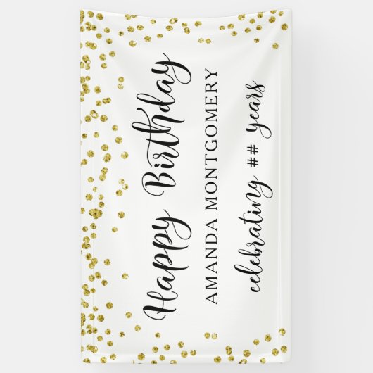 任意の年の誕生日紙吹雪スクリプトの黒と金ゴールド 横断幕 (縦)