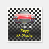 任意の年の誕生日、レッドスポーツの車、名前&年齢B/W スタンダードカクテルナプキン (正面)