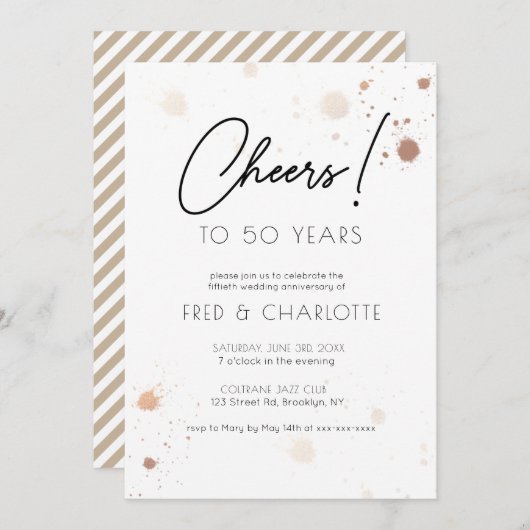 任意の年の金ゴールド水彩50周年記念パーティー 招待状 (正面/裏面)