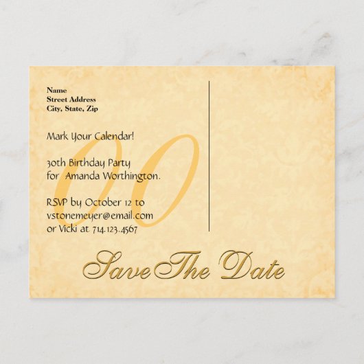 任意の年を保存する日付誕生日金ゴールドブラックレース12 案内ポストカード (裏面)