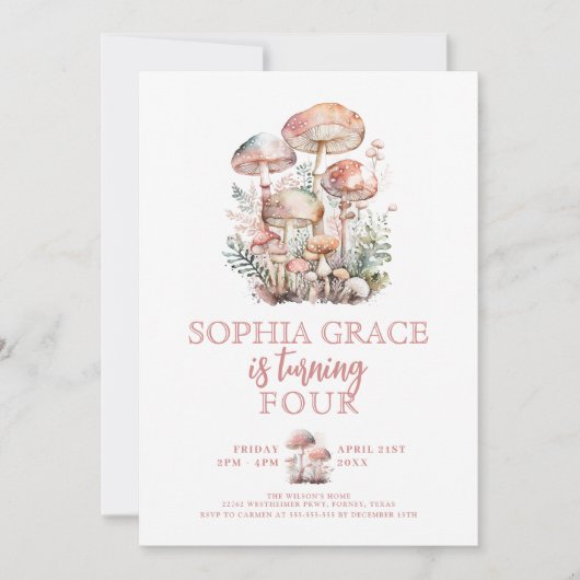 任意の年ウッドランドマッシュルーム赤面ピンク誕生日 招待状 (正面)