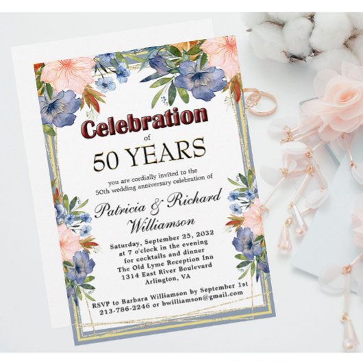 任意の年シックなフローラカスタム結婚記念日 招待状