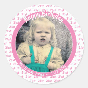 任意の年齢と写真：誕生日番号パターンピンク ラウンドシール