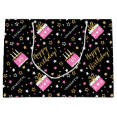 任意の年齢のハッピーバースデーケーキピンクブラック ラージペーパーバッグ (正面)