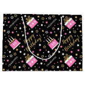 任意の年齢のハッピーバースデーケーキピンクブラック ラージペーパーバッグ (裏面)