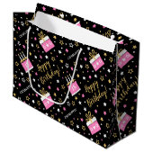 任意の年齢のハッピーバースデーケーキピンクブラック ラージペーパーバッグ (正面アングル)