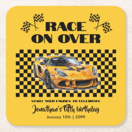 任意の年齢の上でレース誕生日イエロースポーツカー スクエアペーパーコースター
