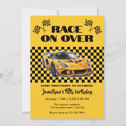 任意の年齢の上でレース誕生日イエロースポーツカー 招待状 (正面)