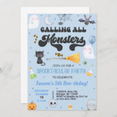 任意の年齢の不気味なハロウィーン少年ブルー招待状。 招待状 (正面/裏面)