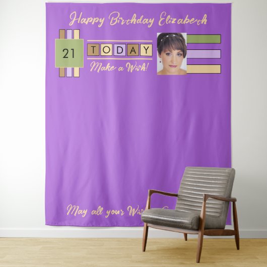 任意の年齢の写真紫色の誕生日パーティーの背景 タペストリー (インサイチュ)