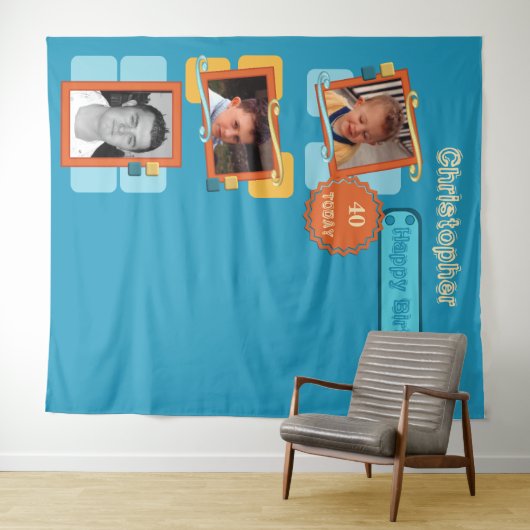 任意の年齢の写真40thブルーパーティー背景 タペストリー (インサイチュ(横))